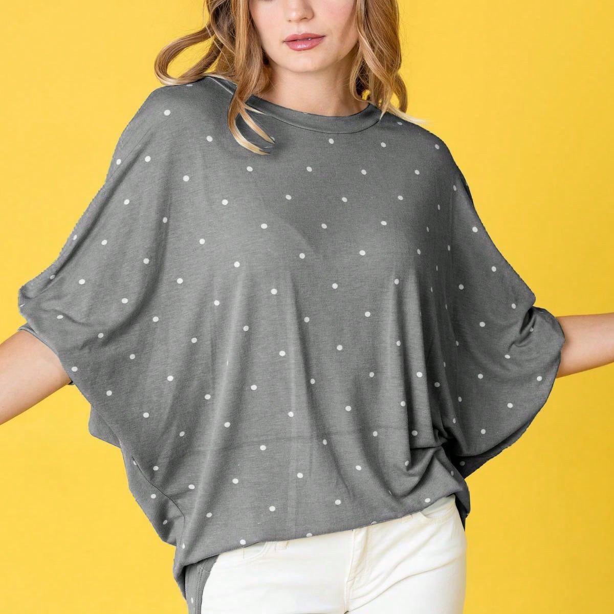 Pink Navy Charcoal Sage Polka Dot Half Dolman Sleeve Tunic High And Low  Batwing Top For Leggings And Shorts  S To 3XL Plus