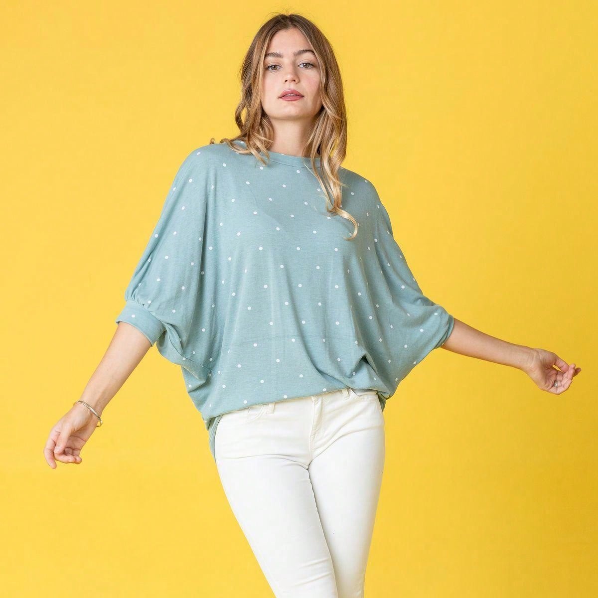 Pink Navy Charcoal Sage Polka Dot Half Dolman Sleeve Tunic High And Low  Batwing Top For Leggings And Shorts  S To 3XL Plus