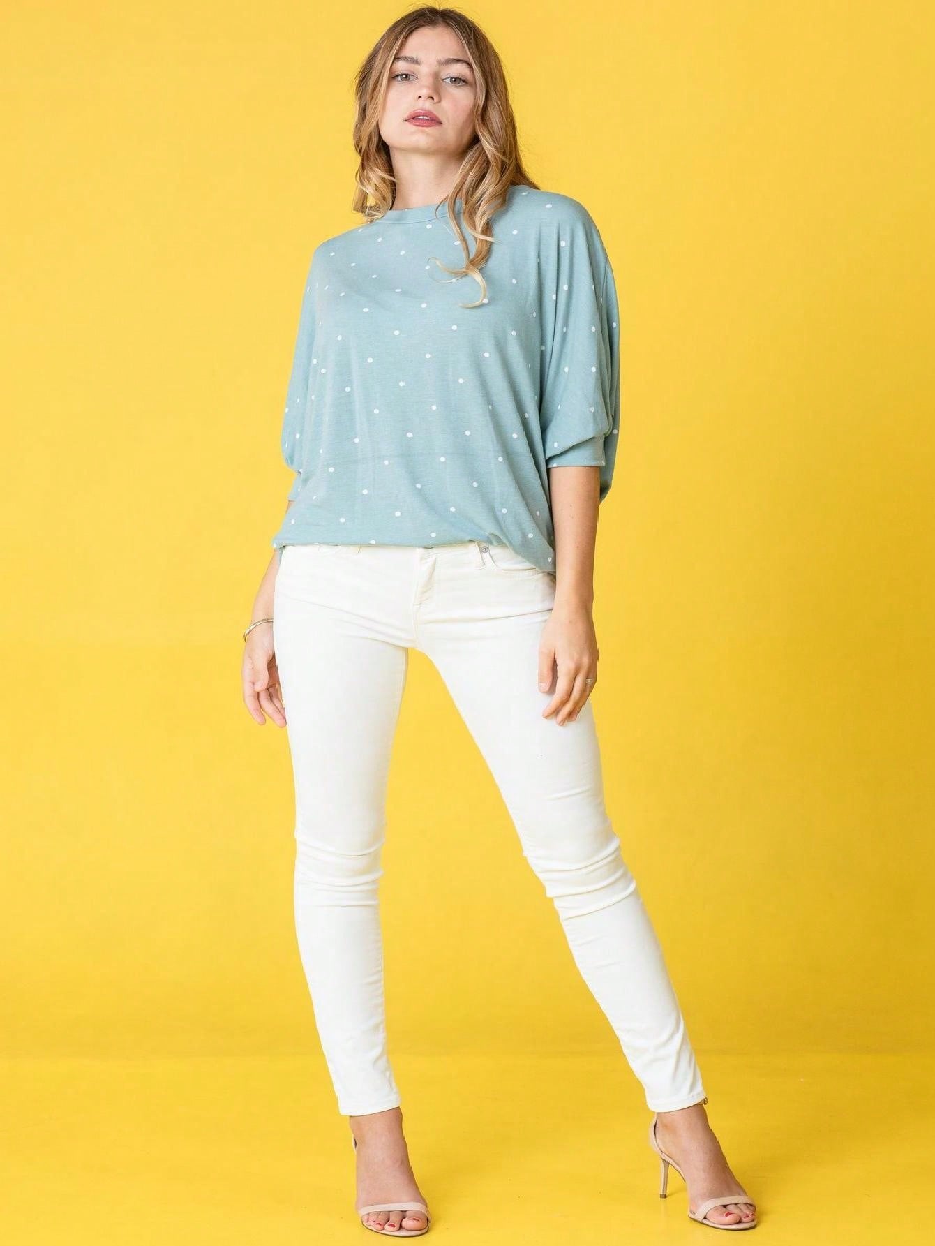 Pink Navy Charcoal Sage Polka Dot Half Dolman Sleeve Tunic High And Low  Batwing Top For Leggings And Shorts  S To 3XL Plus