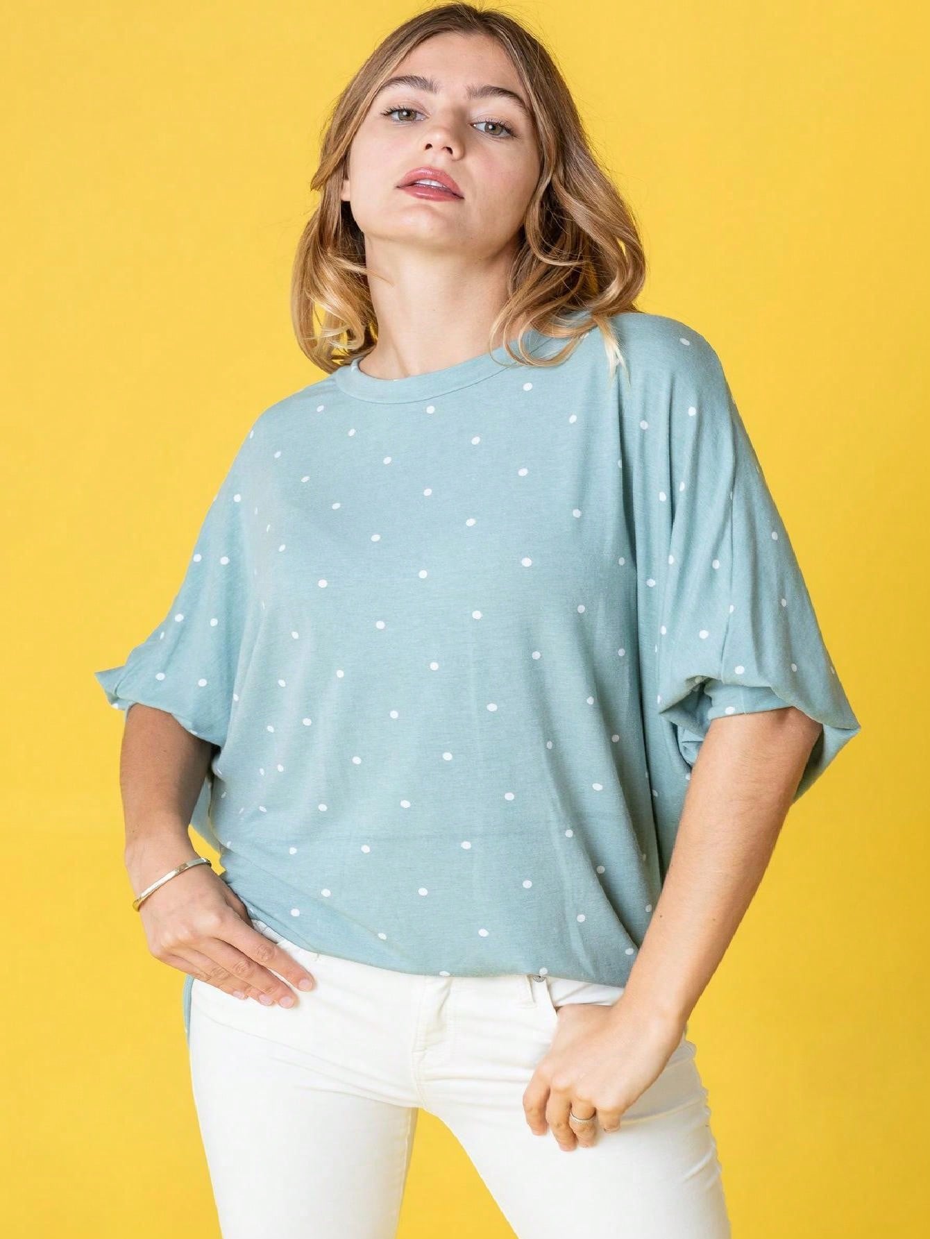 Pink Navy Charcoal Sage Polka Dot Half Dolman Sleeve Tunic High And Low  Batwing Top For Leggings And Shorts  S To 3XL Plus