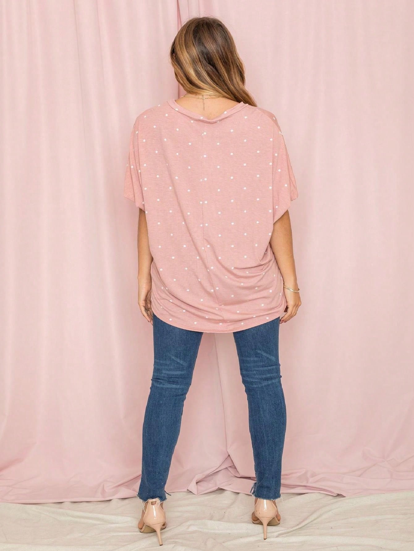 Pink Navy Charcoal Sage Polka Dot Half Dolman Sleeve Tunic High And Low  Batwing Top For Leggings And Shorts  S To 3XL Plus