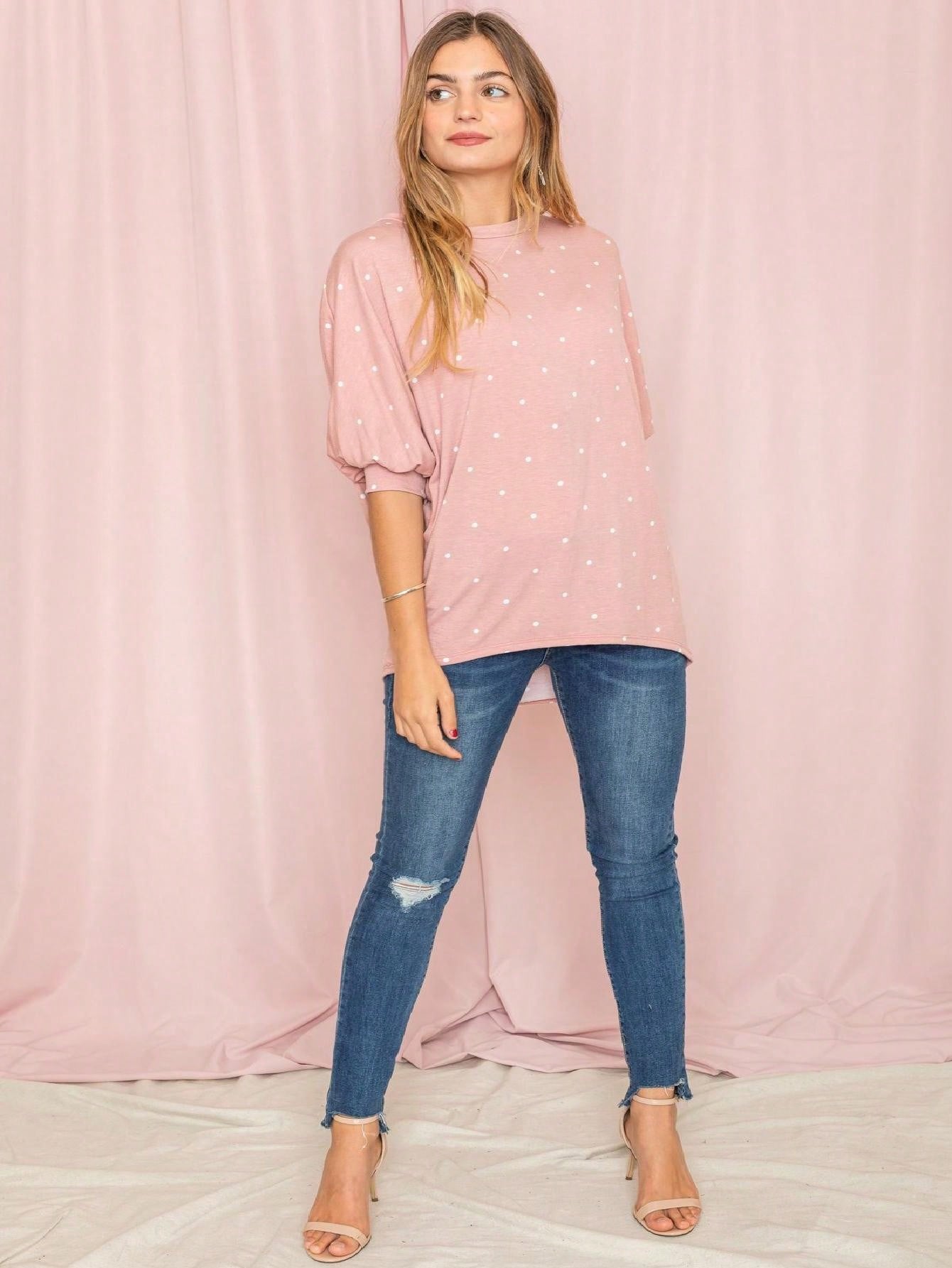 Pink Navy Charcoal Sage Polka Dot Half Dolman Sleeve Tunic High And Low  Batwing Top For Leggings And Shorts  S To 3XL Plus
