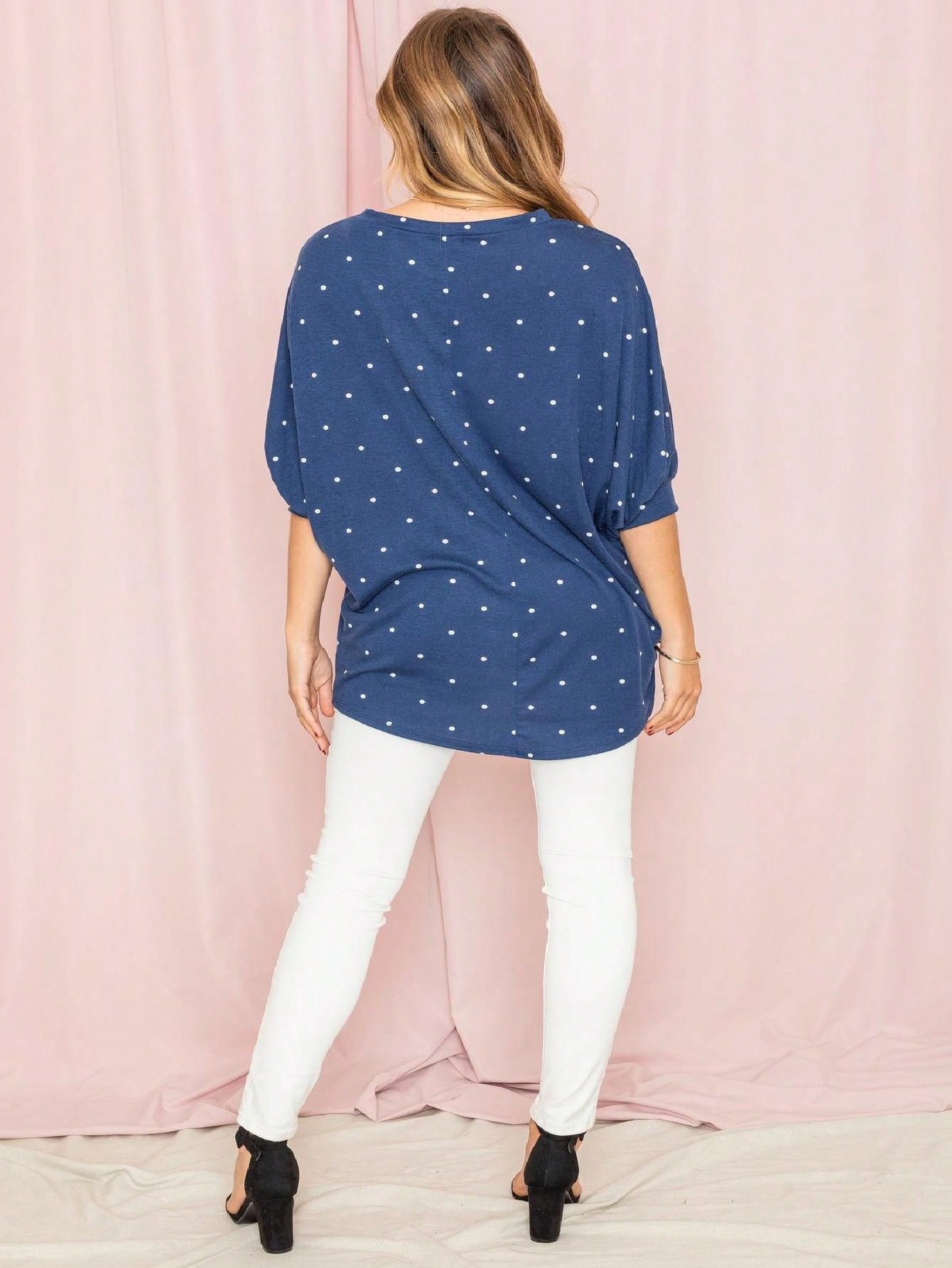 Pink Navy Charcoal Sage Polka Dot Half Dolman Sleeve Tunic High And Low  Batwing Top For Leggings And Shorts  S To 3XL Plus