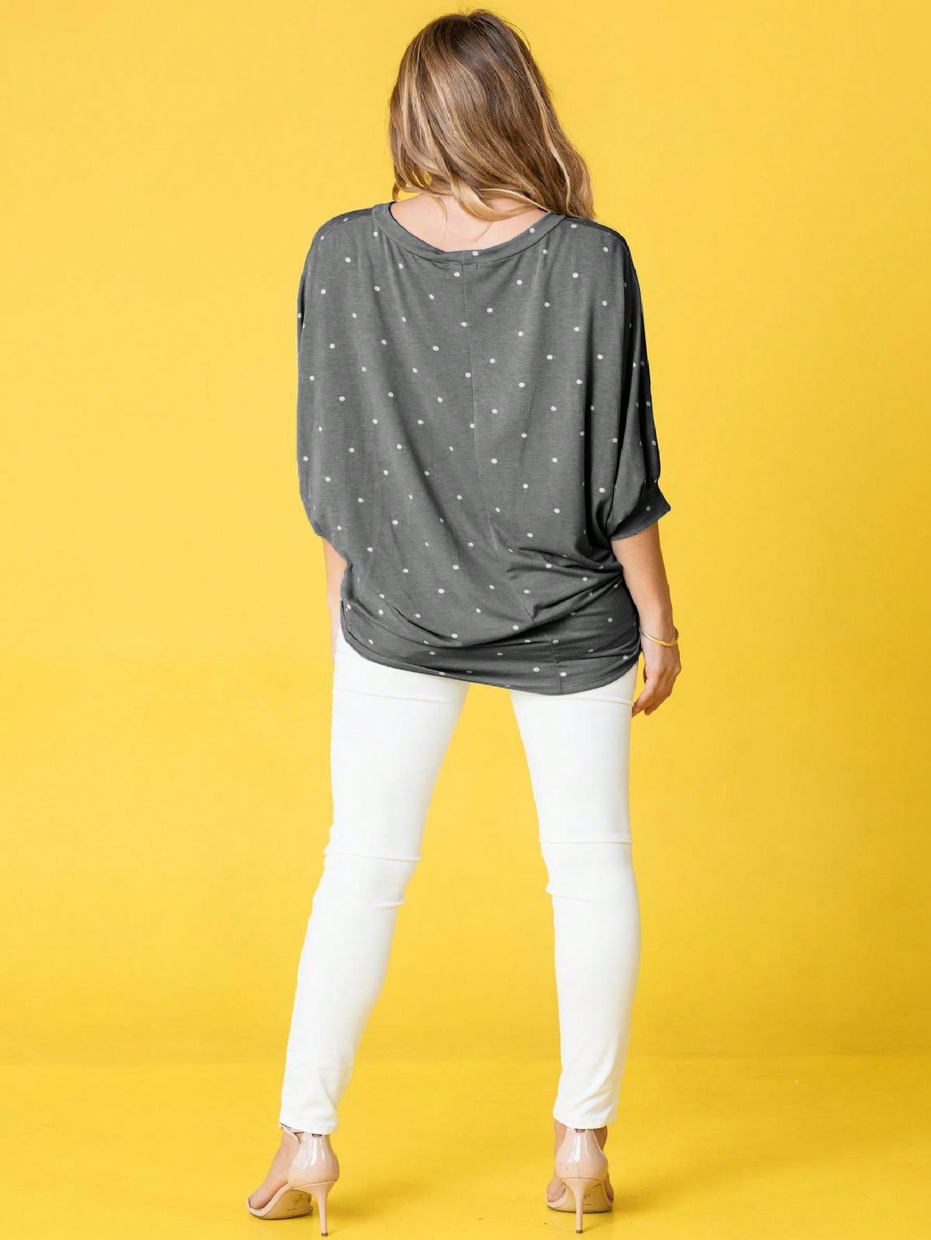 Pink Navy Charcoal Sage Polka Dot Half Dolman Sleeve Tunic High And Low  Batwing Top For Leggings And Shorts  S To 3XL Plus