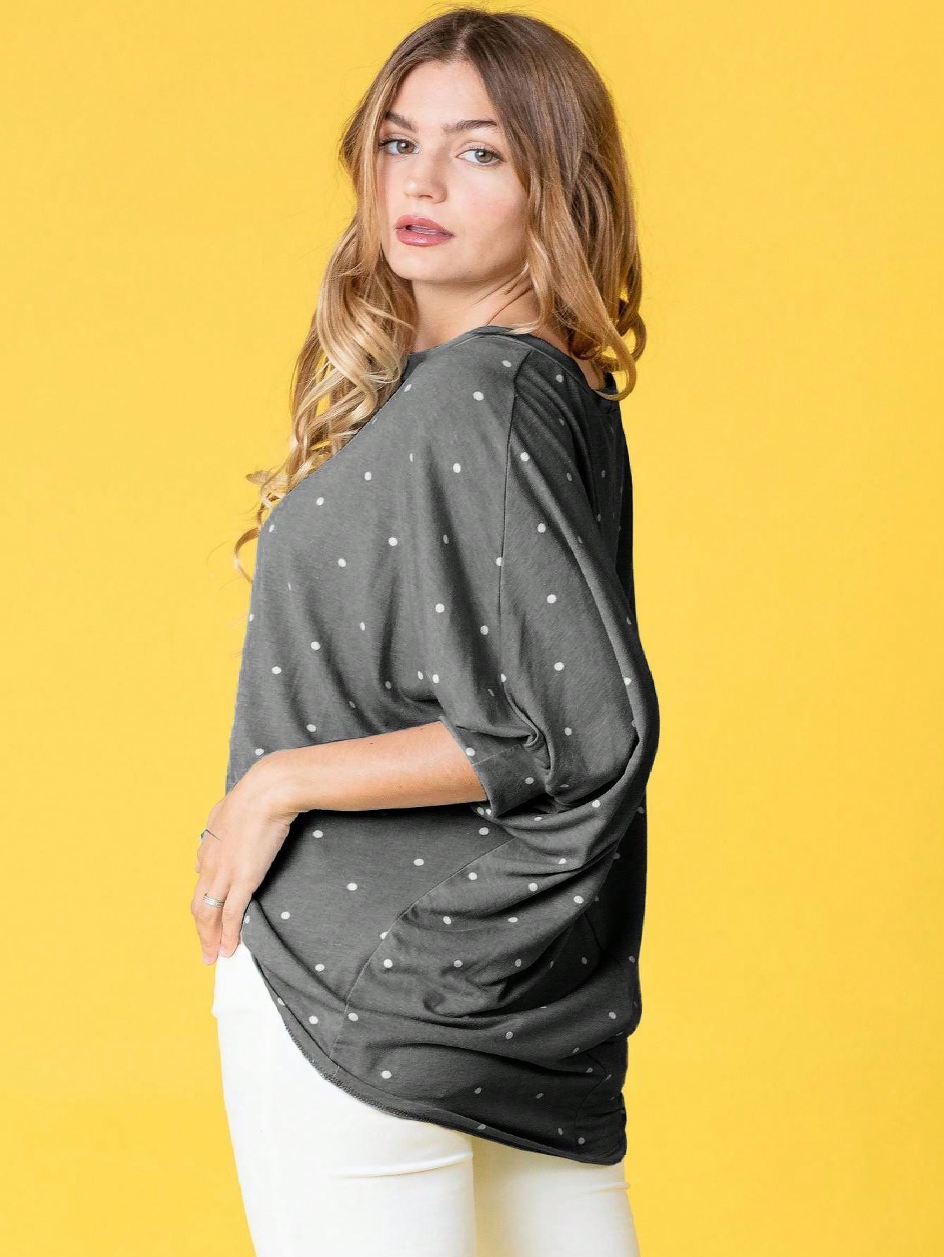 Pink Navy Charcoal Sage Polka Dot Half Dolman Sleeve Tunic High And Low  Batwing Top For Leggings And Shorts  S To 3XL Plus