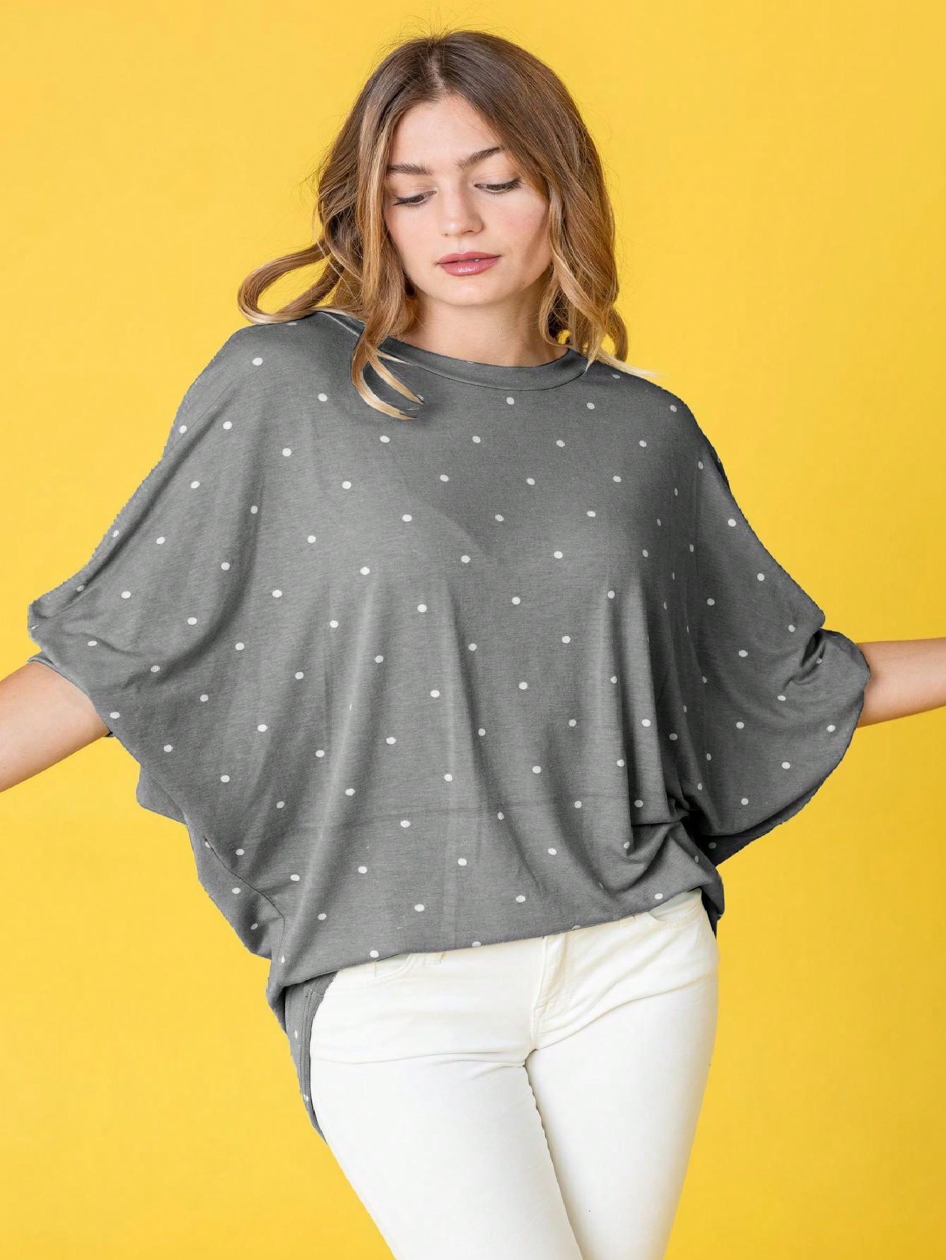 Pink Navy Charcoal Sage Polka Dot Half Dolman Sleeve Tunic High And Low  Batwing Top For Leggings And Shorts  S To 3XL Plus
