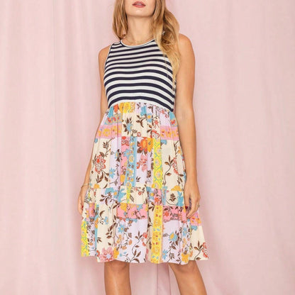Black Pink Grey Stripe Sleeveless Tiered Patchwork Floral Print Mini Swing Southern Dress Small To 3 XL Plus