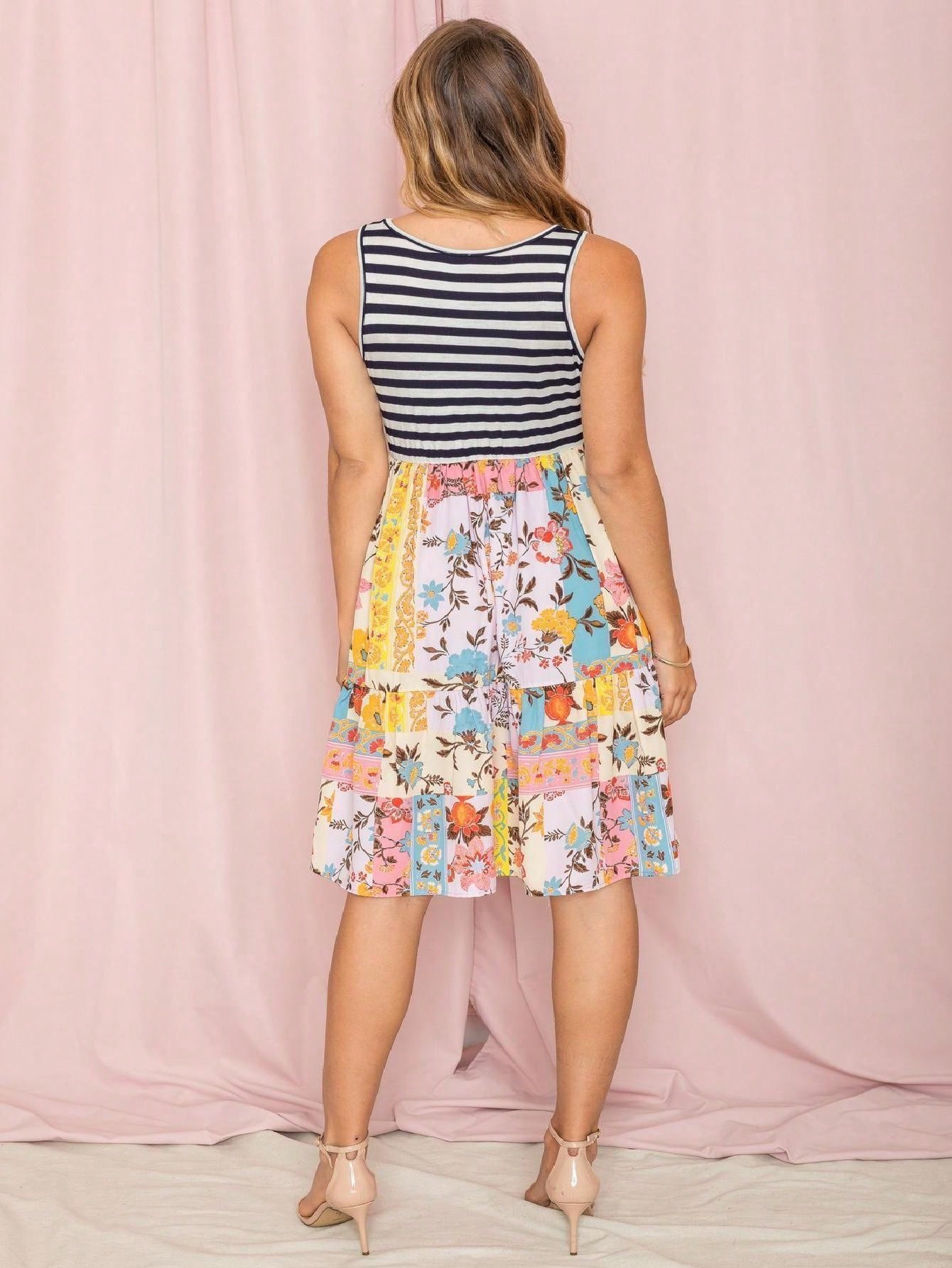 Black Pink Grey Stripe Sleeveless Tiered Patchwork Floral Print Mini Swing Southern Dress Small To 3 XL Plus
