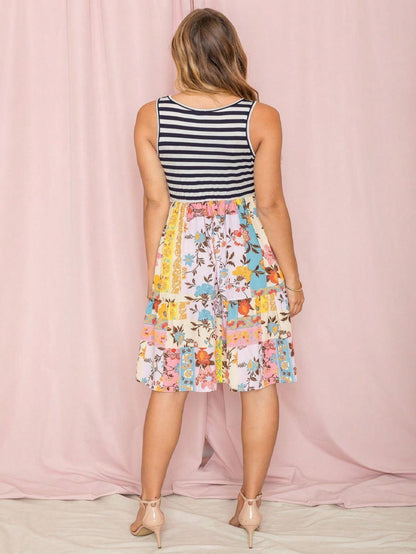 Black Pink Grey Stripe Sleeveless Tiered Patchwork Floral Print Mini Swing Southern Dress Small To 3 XL Plus