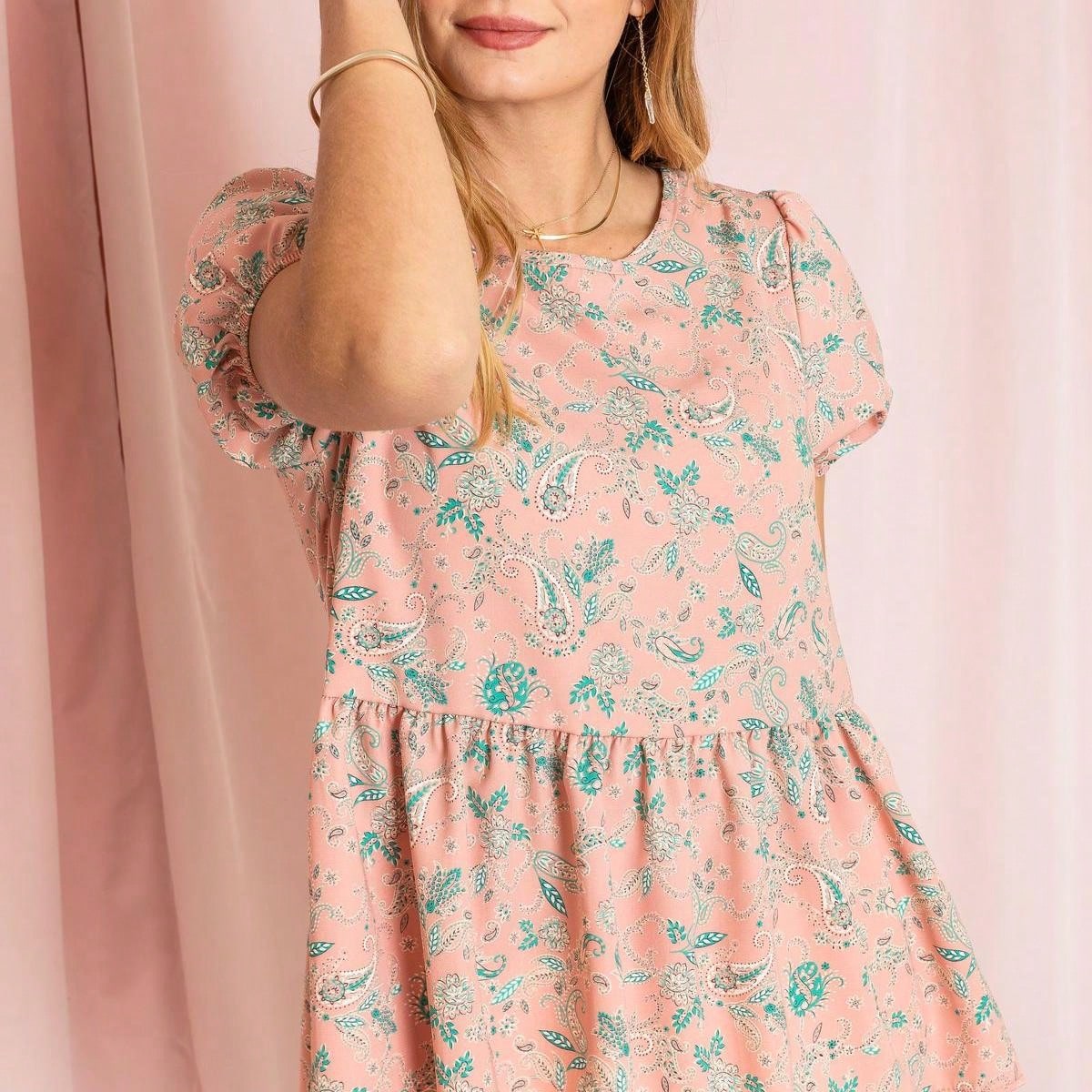Summer Peplum Paisley Bishop Lantern Puff Sleeve Crew Neck Cute Baby Doll Top Blouse Breathable Shirt , Small To Plus Extended Size