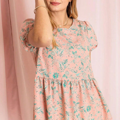 Summer Peplum Paisley Bishop Lantern Puff Sleeve Crew Neck Cute Baby Doll Top Blouse Breathable Shirt , Small To Plus Extended Size
