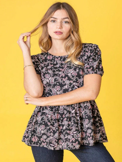 Summer Peplum Paisley Bishop Lantern Puff Sleeve Crew Neck Cute Baby Doll Top Blouse Breathable Shirt , Small To Plus Extended Size