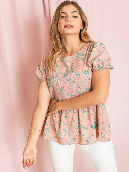 Summer Peplum Paisley Bishop Lantern Puff Sleeve Crew Neck Cute Baby Doll Top Blouse Breathable Shirt , Small To Plus Extended Size