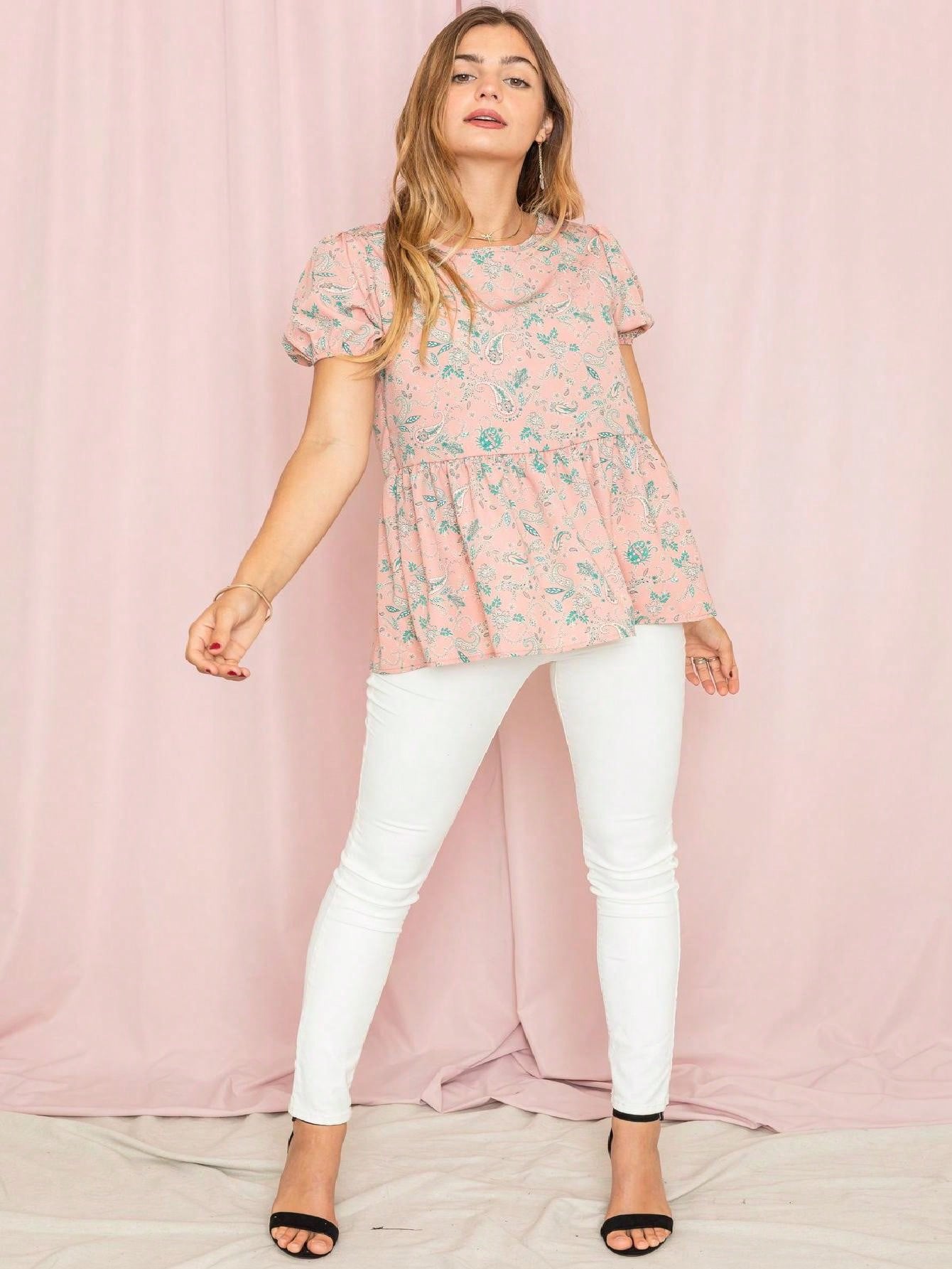 Summer Peplum Paisley Bishop Lantern Puff Sleeve Crew Neck Cute Baby Doll Top Blouse Breathable Shirt , Small To Plus Extended Size
