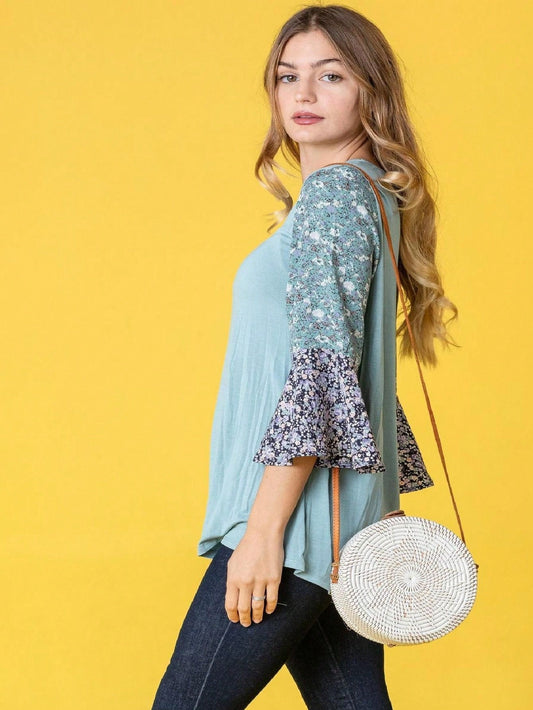 Boho Vintage Lavender Navy Sage Ditsy Floral Patch Bell Sleeve  Top Shirt Blouse Tunic For Leggings And Shorts | Small -3XL Plus