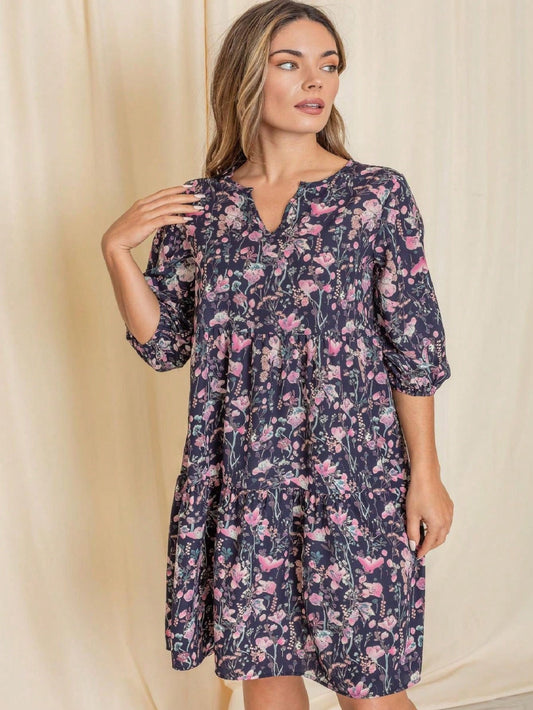 Boho Vintage Ditsy Floral Notch Neck Tiered Bishop Midi Dress Tiered Ruffle Trim Swing Southern Dress | S-3X