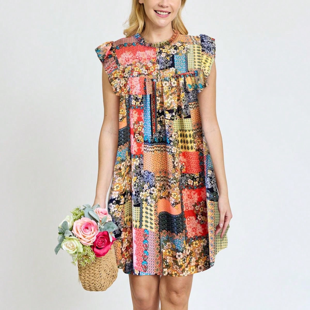 Summer Boho Vintage Orange Navy Pink Stripe Patchwork Ruffle Trim Shift Mini Swing Southern Dress | S-3X