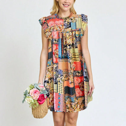 Summer Boho Vintage Orange Navy Pink Stripe Patchwork Ruffle Trim Shift Mini Swing Southern Dress | S-3X