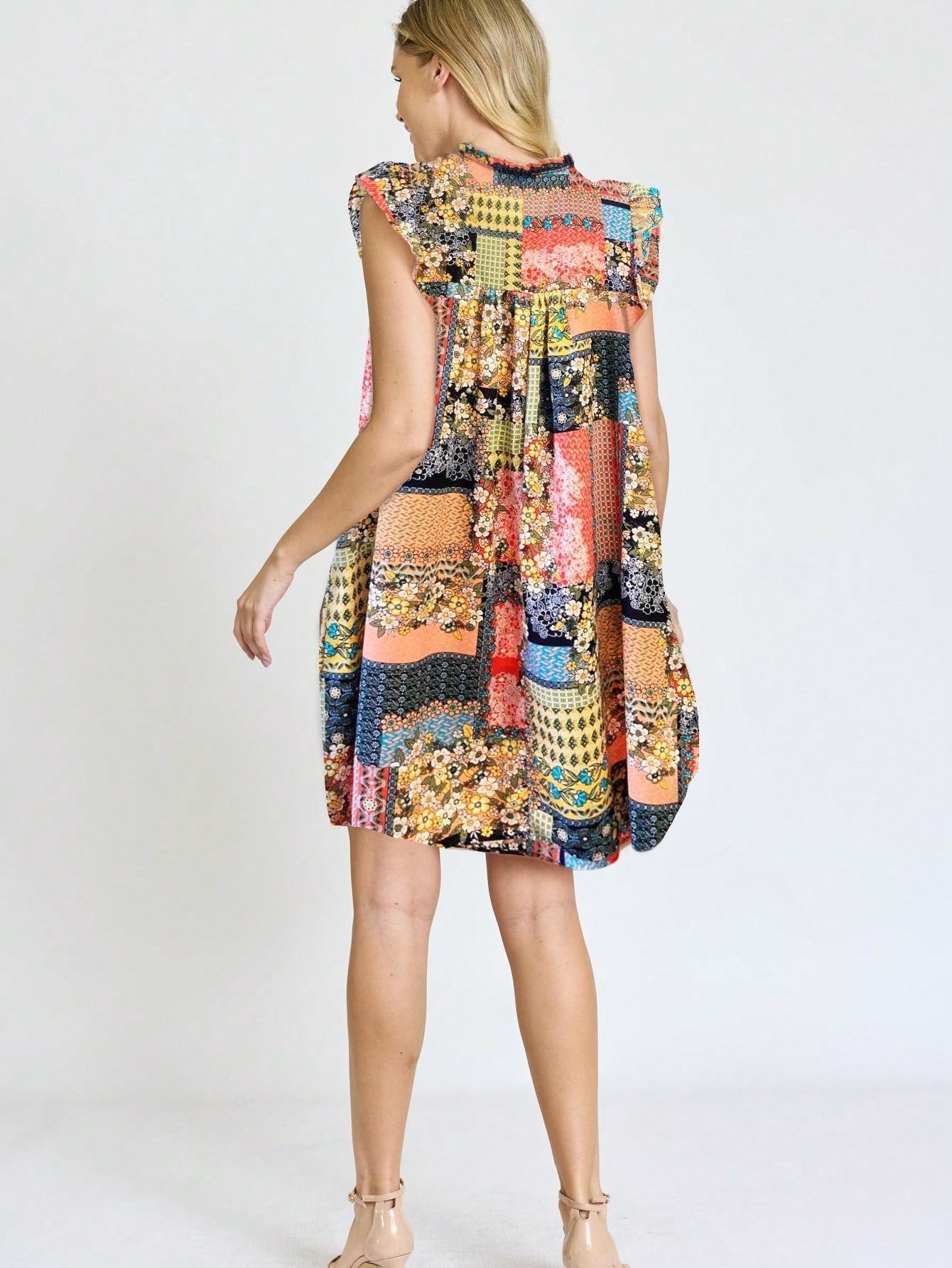 Summer Boho Vintage Orange Navy Pink Stripe Patchwork Ruffle Trim Shift Mini Swing Southern Dress | S-3X
