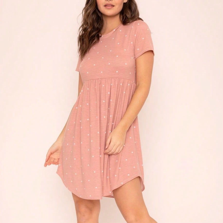 Vintage Boho Short Sleeve Summer Fall Sage Pink Black Polka Dot Shift Midi Swing Aline Southern Dress | S-3X