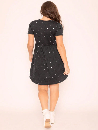 Vintage Boho Short Sleeve Summer Fall Sage Pink Black Polka Dot Shift Midi Swing Aline Southern Dress | S-3X