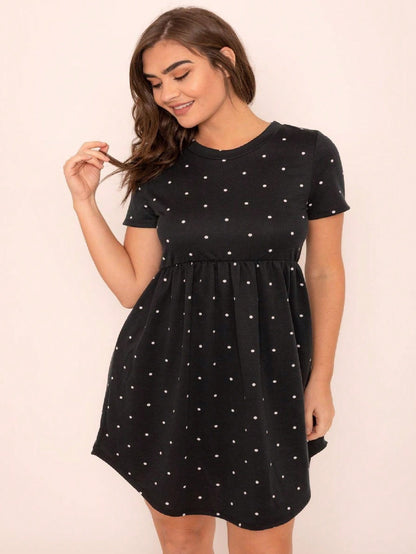 Vintage Boho Short Sleeve Summer Fall Sage Pink Black Polka Dot Shift Midi Swing Aline Southern Dress | S-3X