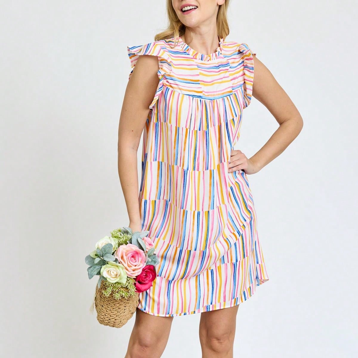 Summer Boho Vintage Orange Navy Pink Stripe Patchwork Ruffle Trim Shift Mini Swing Southern Dress | S-3X