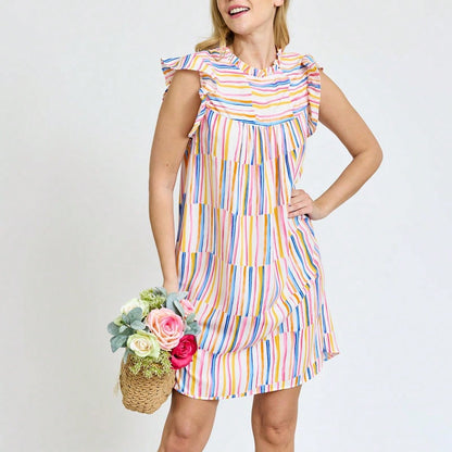 Summer Boho Vintage Orange Navy Pink Stripe Patchwork Ruffle Trim Shift Mini Swing Southern Dress | S-3X