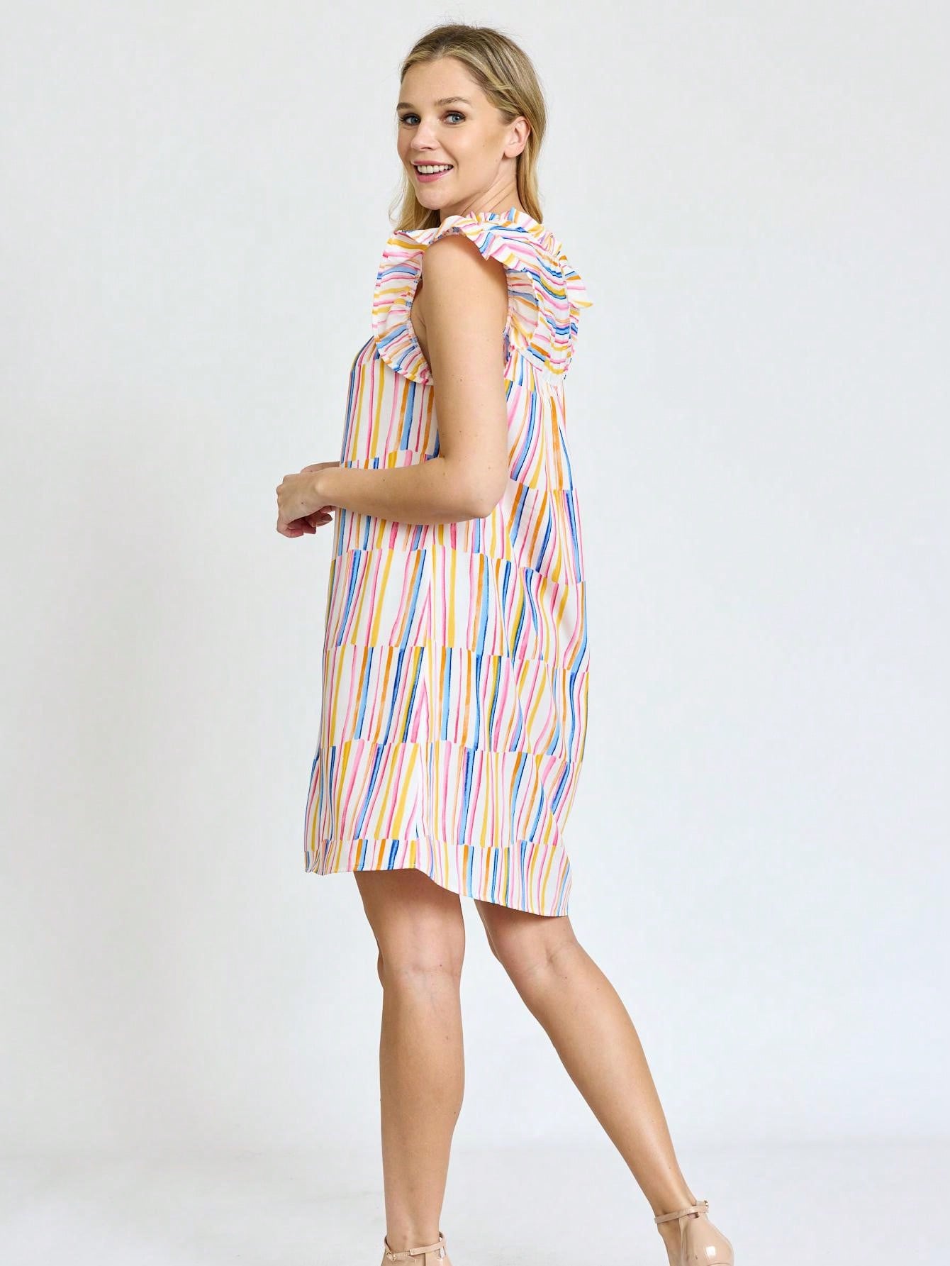 Summer Boho Vintage Orange Navy Pink Stripe Patchwork Ruffle Trim Shift Mini Swing Southern Dress | S-3X
