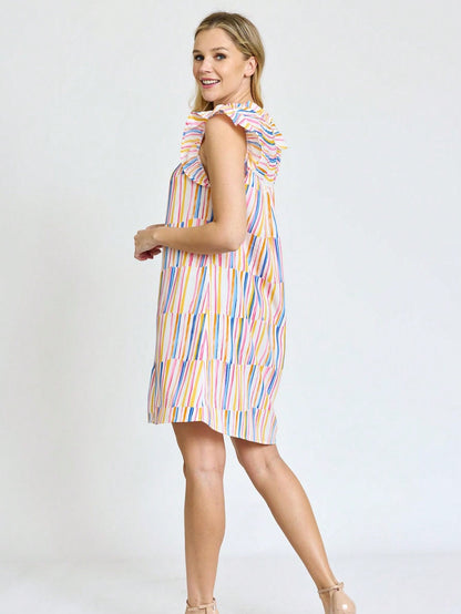 Summer Boho Vintage Orange Navy Pink Stripe Patchwork Ruffle Trim Shift Mini Swing Southern Dress | S-3X