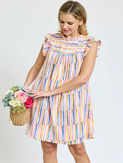 Summer Boho Vintage Orange Navy Pink Stripe Patchwork Ruffle Trim Shift Mini Swing Southern Dress | S-3X