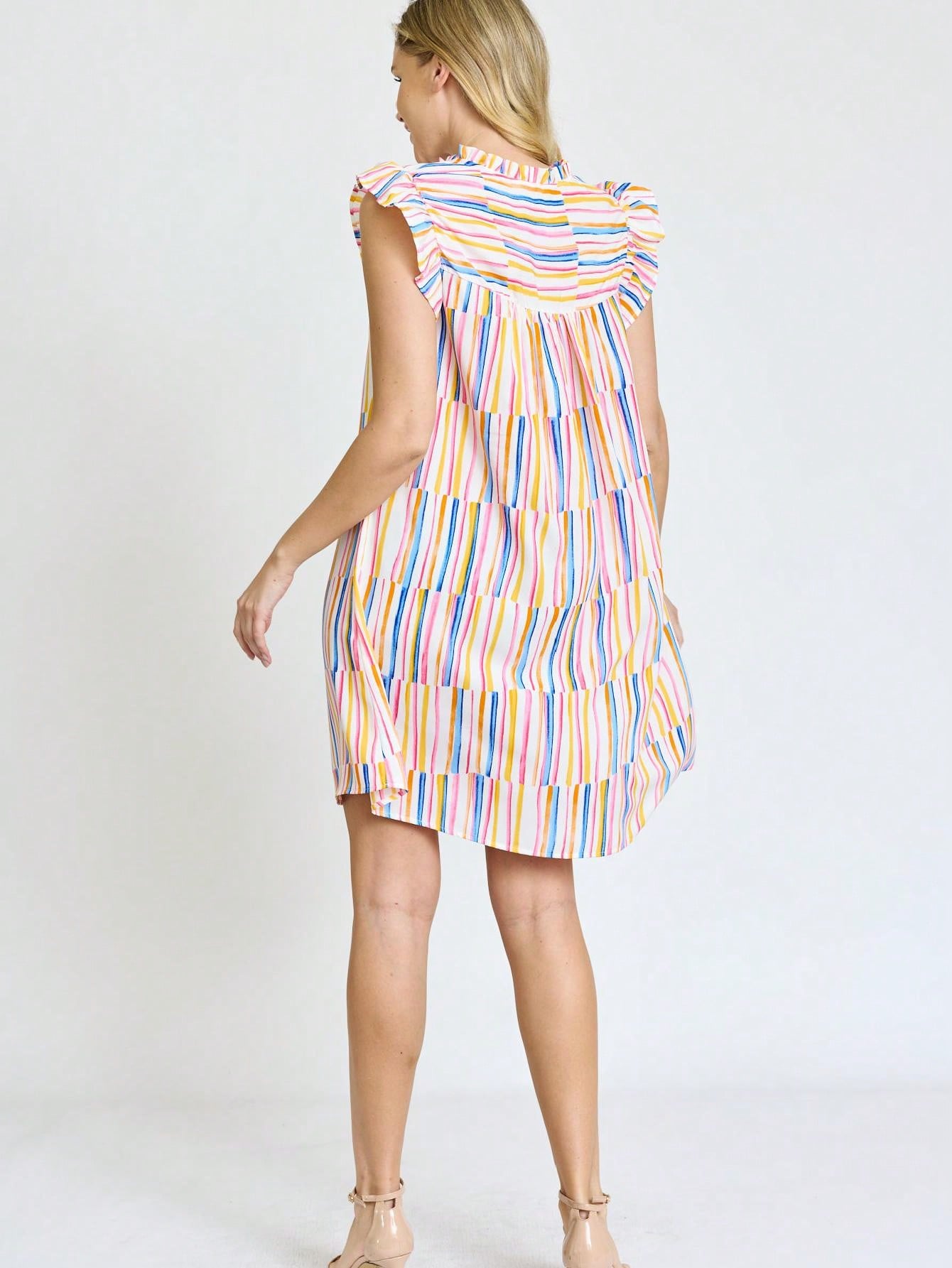 Summer Boho Vintage Orange Navy Pink Stripe Patchwork Ruffle Trim Shift Mini Swing Southern Dress | S-3X