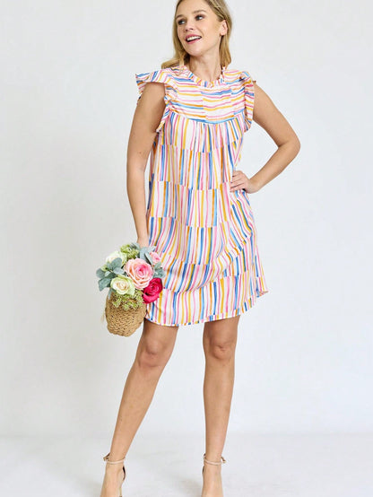 Summer Boho Vintage Orange Navy Pink Stripe Patchwork Ruffle Trim Shift Mini Swing Southern Dress | S-3X