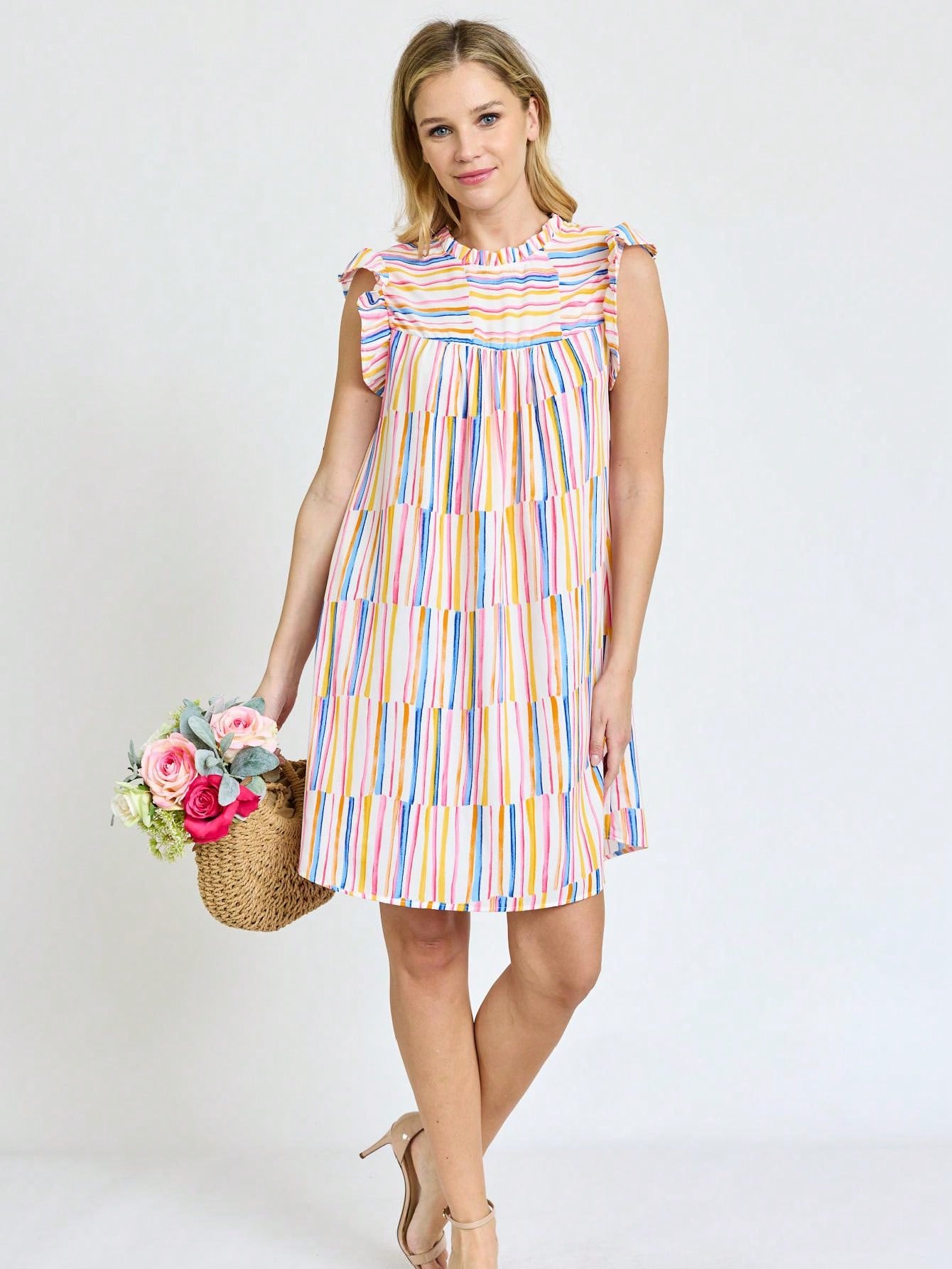 Summer Boho Vintage Orange Navy Pink Stripe Patchwork Ruffle Trim Shift Mini Swing Southern Dress | S-3X