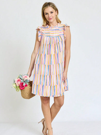 Summer Boho Vintage Orange Navy Pink Stripe Patchwork Ruffle Trim Shift Mini Swing Southern Dress | S-3X