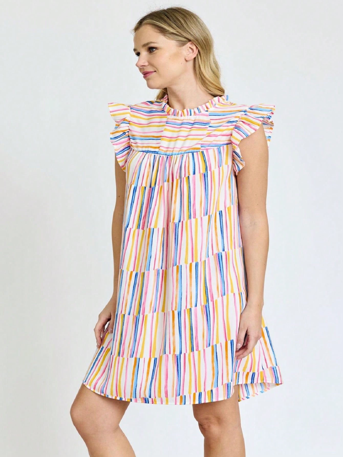 Summer Boho Vintage Orange Navy Pink Stripe Patchwork Ruffle Trim Shift Mini Swing Southern Dress | S-3X