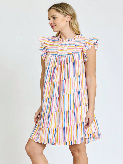 Summer Boho Vintage Orange Navy Pink Stripe Patchwork Ruffle Trim Shift Mini Swing Southern Dress | S-3X