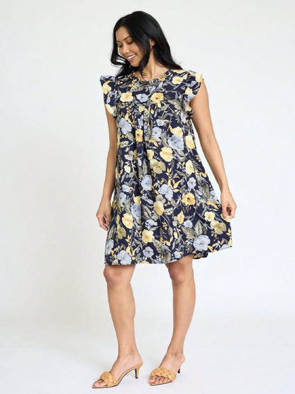 Summer Boho Vintage Orange Navy Pink Stripe Patchwork Ruffle Trim Shift Mini Swing Southern Dress | S-3X