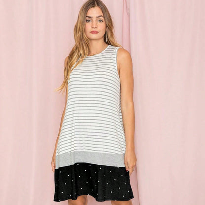 Summer Black Sage Pink Stripe Polka Dot Sleeveless Color Block  Patchwork Print Knee Length Swing Dress Small To 3XL Plus