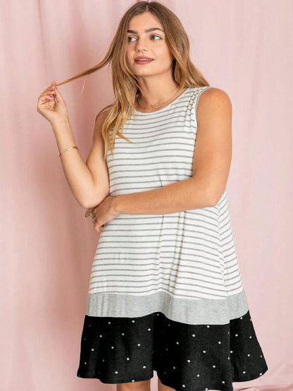 Summer Black Sage Pink Stripe Polka Dot Sleeveless Color Block  Patchwork Print Knee Length Swing Dress Small To 3XL Plus