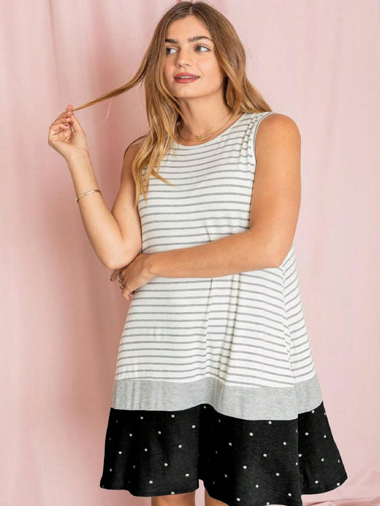Summer Black Sage Pink Stripe Polka Dot Sleeveless Color Block  Patchwork Print Knee Length Swing Dress Small To 3XL Plus
