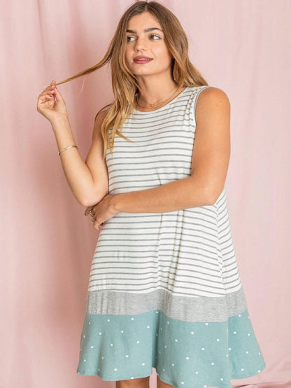 Summer Black Sage Pink Stripe Polka Dot Sleeveless Color Block  Patchwork Print Knee Length Swing Dress Small To 3XL Plus