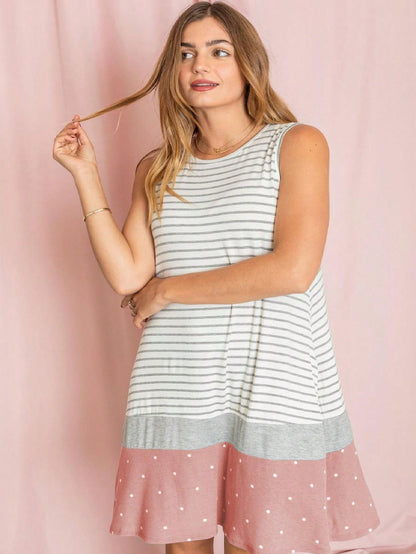 Summer Black Sage Pink Stripe Polka Dot Sleeveless Color Block  Patchwork Print Knee Length Swing Dress Small To 3XL Plus