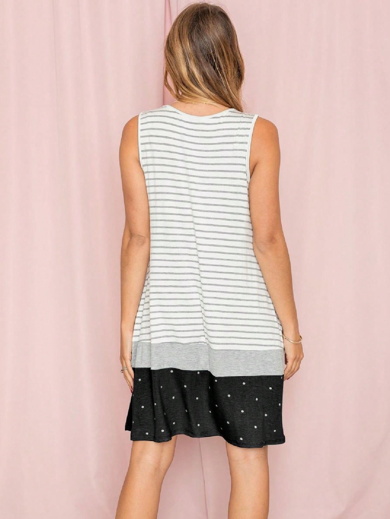 Summer Black Sage Pink Stripe Polka Dot Sleeveless Color Block  Patchwork Print Knee Length Swing Dress Small To 3XL Plus