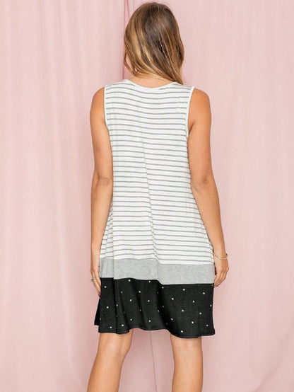 Summer Black Sage Pink Stripe Polka Dot Sleeveless Color Block  Patchwork Print Knee Length Swing Dress Small To 3XL Plus