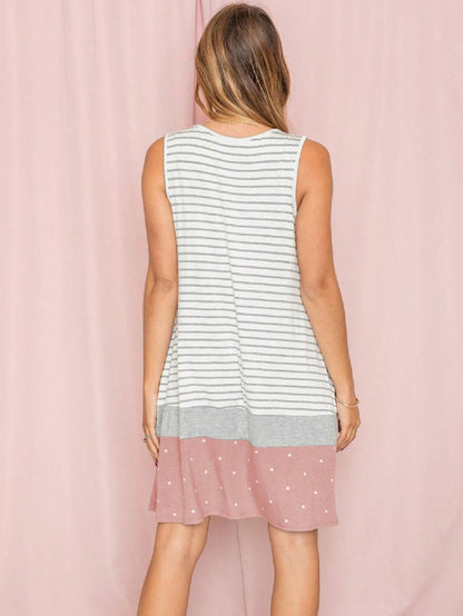 Summer Black Sage Pink Stripe Polka Dot Sleeveless Color Block  Patchwork Print Knee Length Swing Dress Small To 3XL Plus