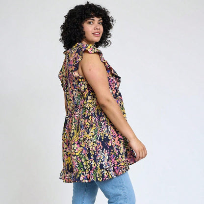 Summer/Spring Vine  Floral Ruffle Sleeve Festive Foliage Tunic Dress Breathable Shirt  Top, Small To Plus Extended Size