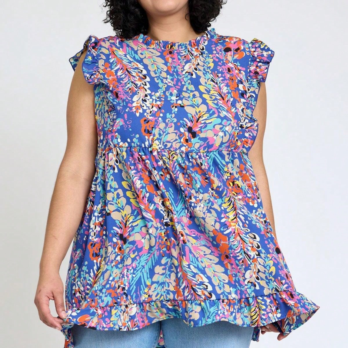 Summer/Spring Vine  Floral Ruffle Sleeve Festive Foliage Tunic Dress Breathable Shirt  Top, Small To Plus Extended Size