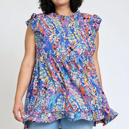 Summer/Spring Vine  Floral Ruffle Sleeve Festive Foliage Tunic Dress Breathable Shirt  Top, Small To Plus Extended Size