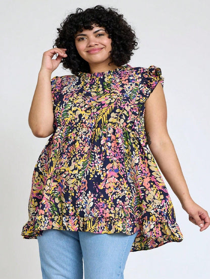 Summer/Spring Vine  Floral Ruffle Sleeve Festive Foliage Tunic Dress Breathable Shirt  Top, Small To Plus Extended Size
